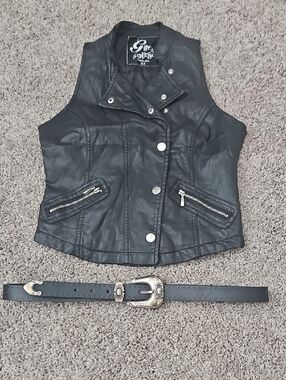 G by Guess Black Faux Leather Moto Vest with Silver Accent Belt